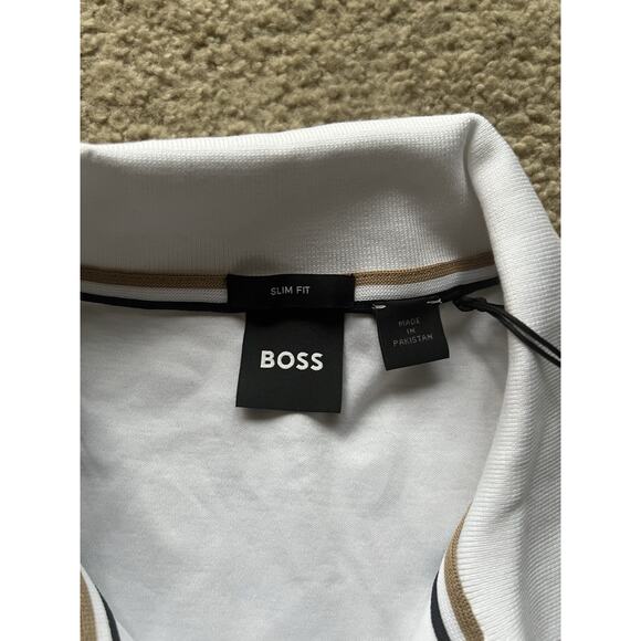 BOSS PENROSE 38 STRIPED COLLAR SLIM FIT POLO SHIRT Whit, Size M, NEW - Picture 4 of 10